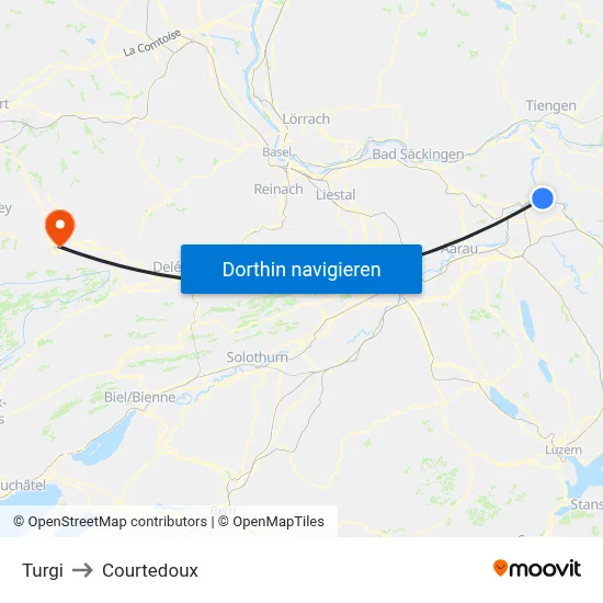 Turgi to Courtedoux map