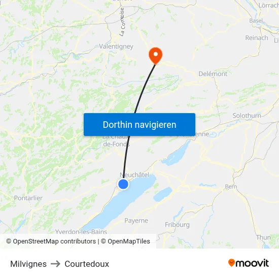 Milvignes to Courtedoux map