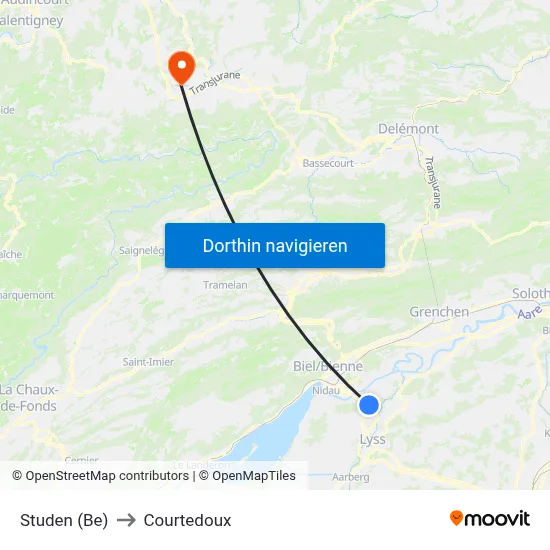 Studen (Be) to Courtedoux map