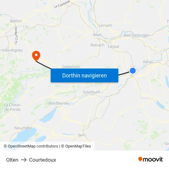 Olten to Courtedoux map