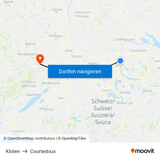Kloten to Courtedoux map