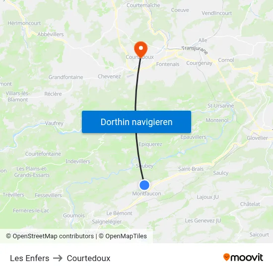 Les Enfers to Courtedoux map