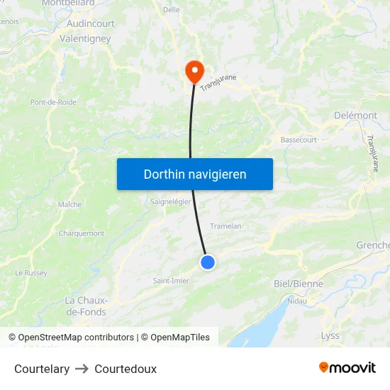 Courtelary to Courtedoux map