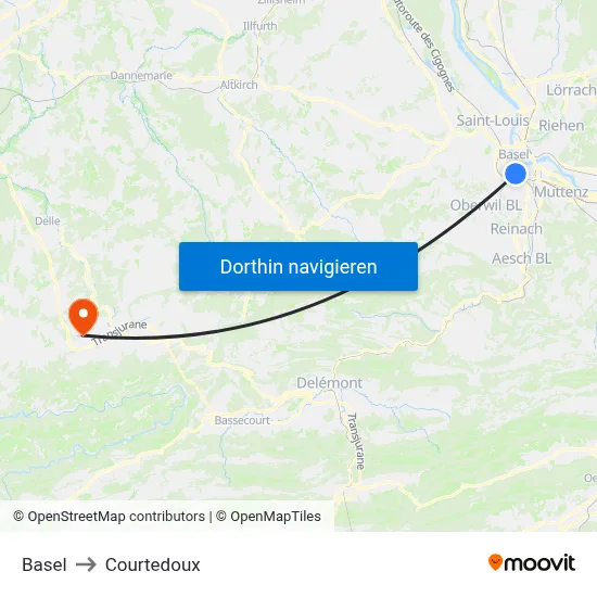Basel to Courtedoux map