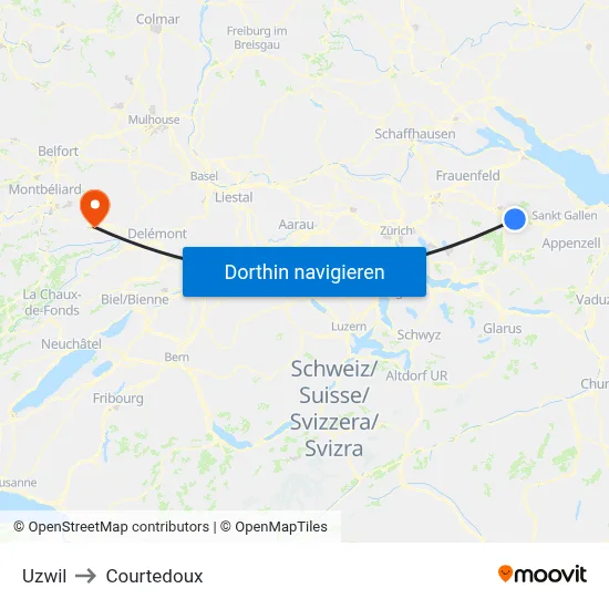 Uzwil to Courtedoux map