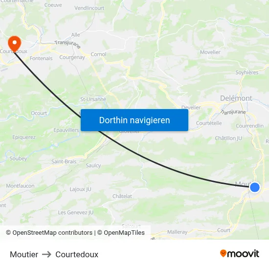 Moutier to Courtedoux map