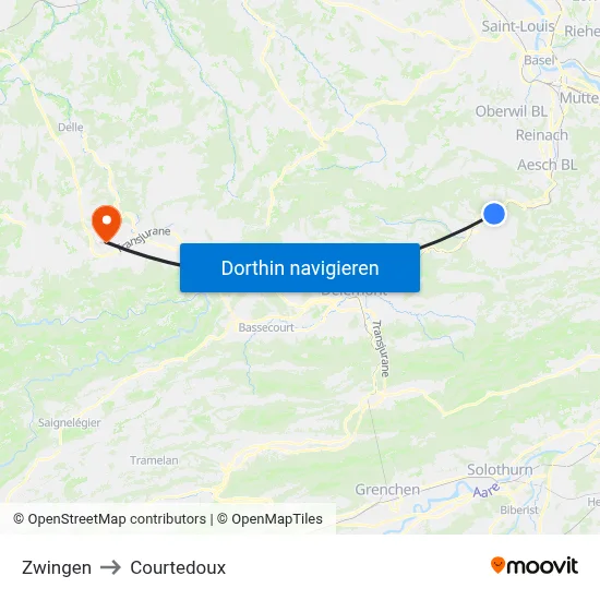 Zwingen to Courtedoux map