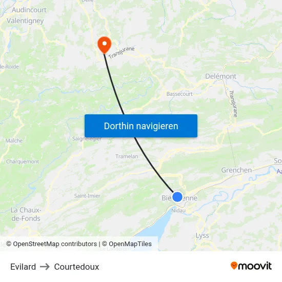 Evilard to Courtedoux map