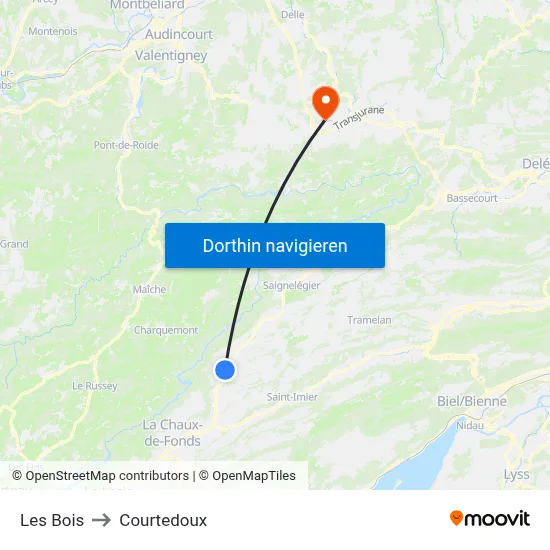 Les Bois to Courtedoux map