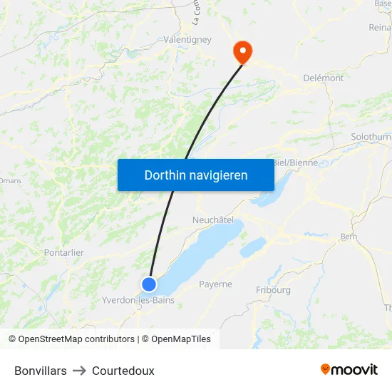 Bonvillars to Courtedoux map