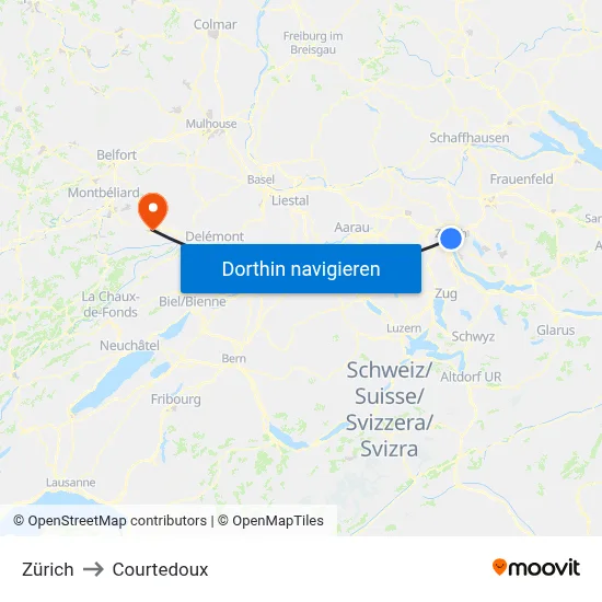 Zürich to Courtedoux map