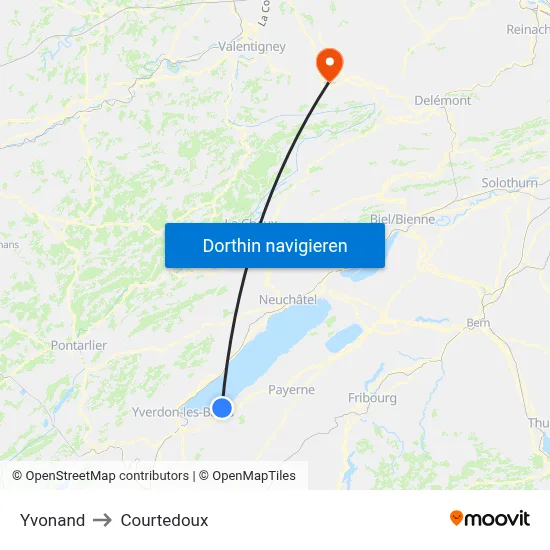 Yvonand to Courtedoux map