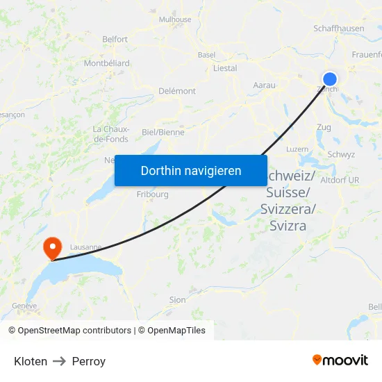 Kloten to Perroy map
