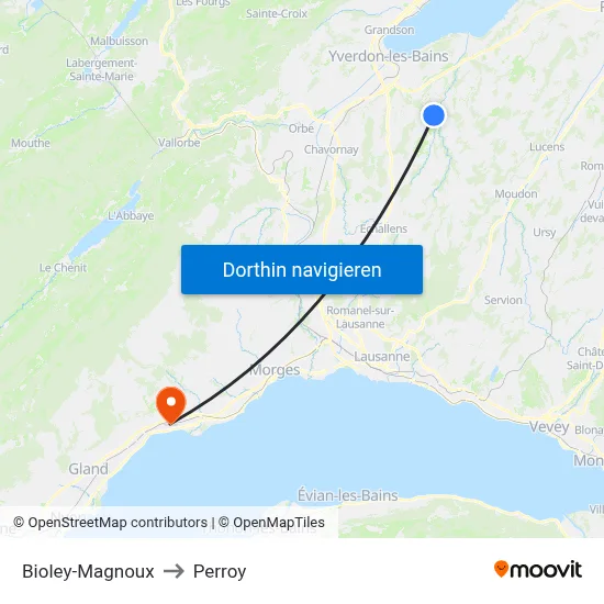 Bioley-Magnoux to Perroy map