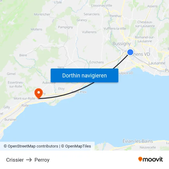 Crissier to Perroy map