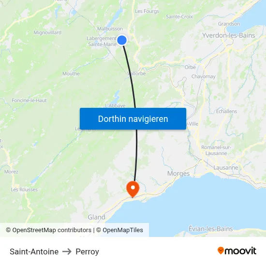 Saint-Antoine to Perroy map