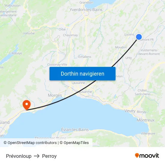 Prévonloup to Perroy map