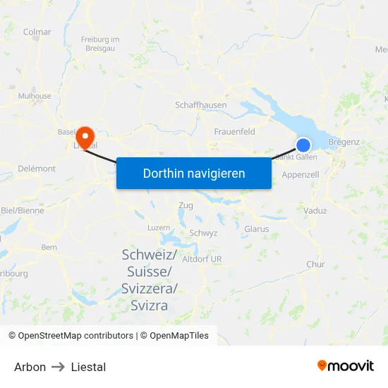 Arbon to Liestal map