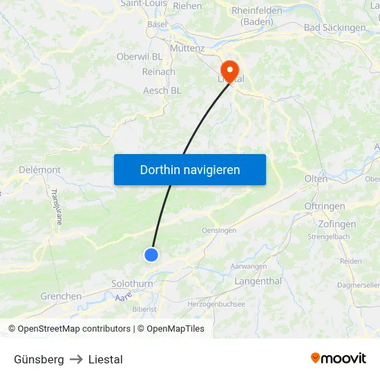 Günsberg to Liestal map