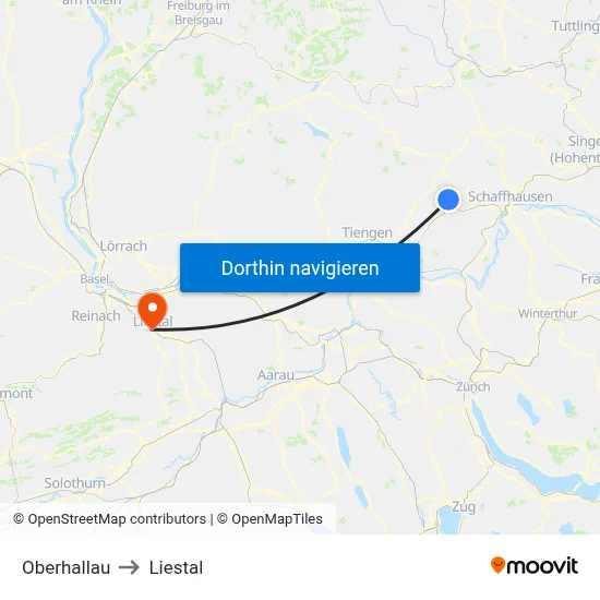 Oberhallau to Liestal map