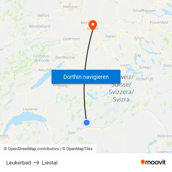 Leukerbad to Liestal map