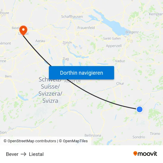 Bever to Liestal map