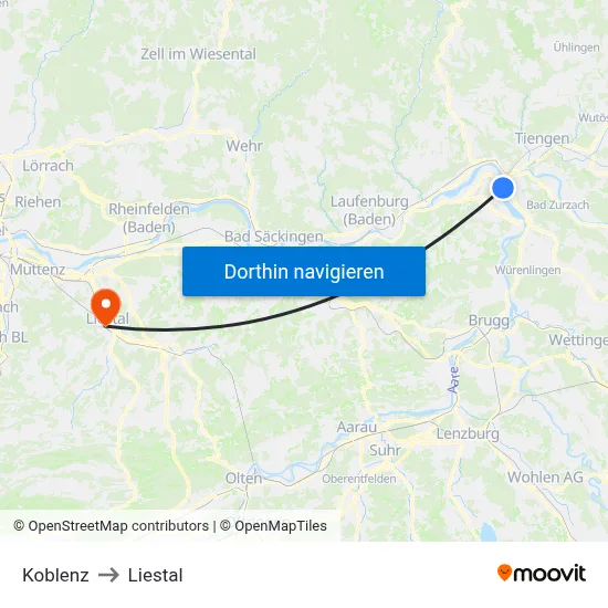 Koblenz to Liestal map