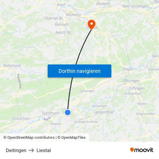 Deitingen to Liestal map