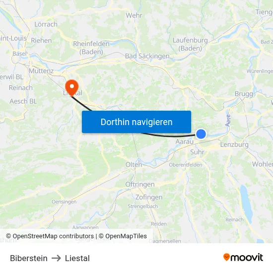 Biberstein to Liestal map
