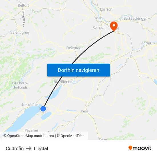 Cudrefin to Liestal map