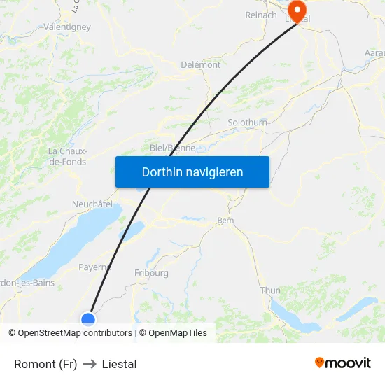 Romont (Fr) to Liestal map