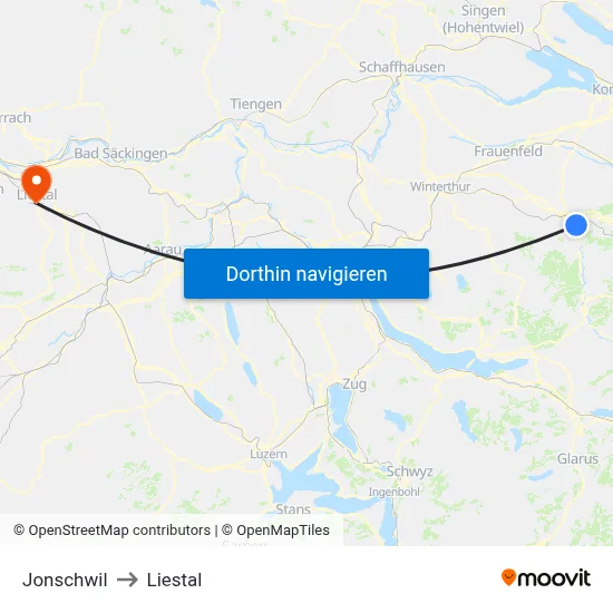 Jonschwil to Liestal map
