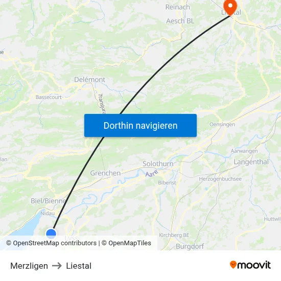 Merzligen to Liestal map