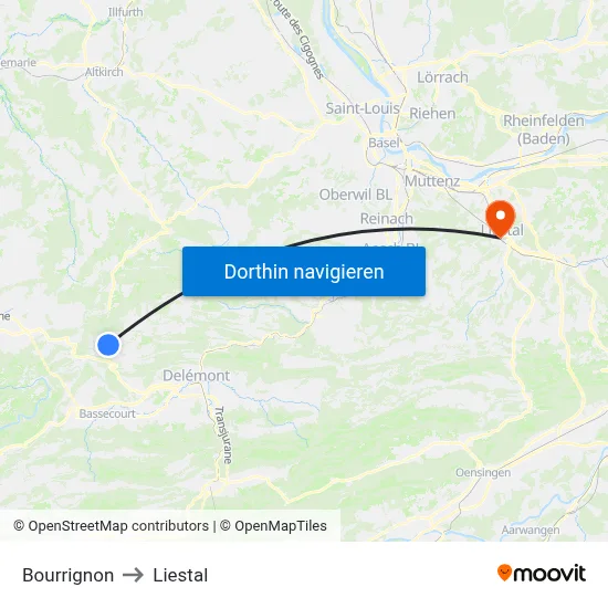 Bourrignon to Liestal map