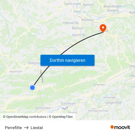 Perrefitte to Liestal map