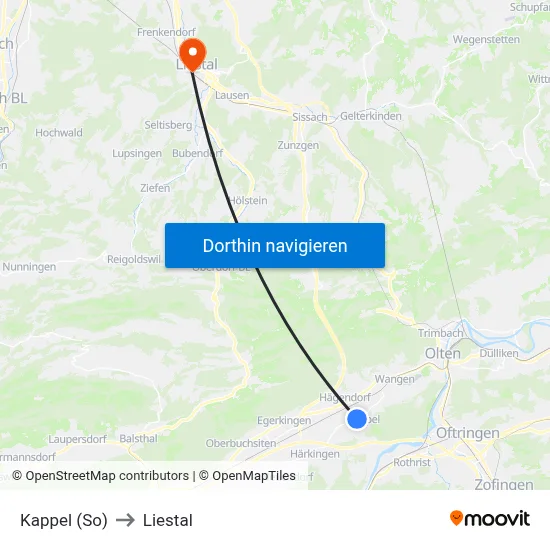 Kappel (So) to Liestal map