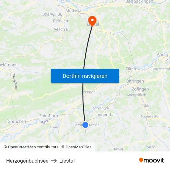 Herzogenbuchsee to Liestal map