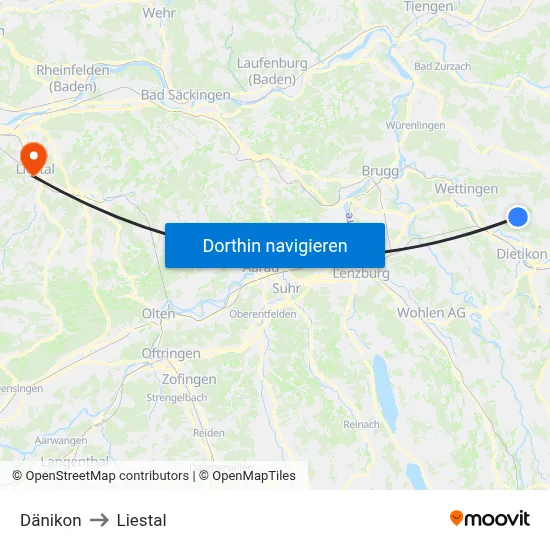 Dänikon to Liestal map