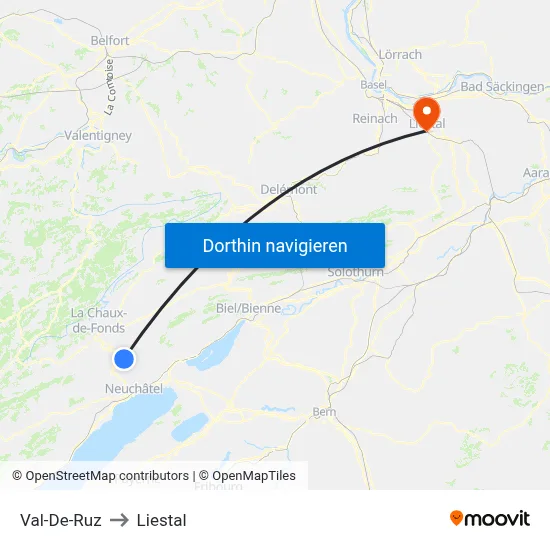 Val-De-Ruz to Liestal map