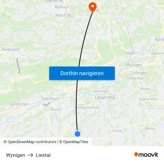 Wynigen to Liestal map