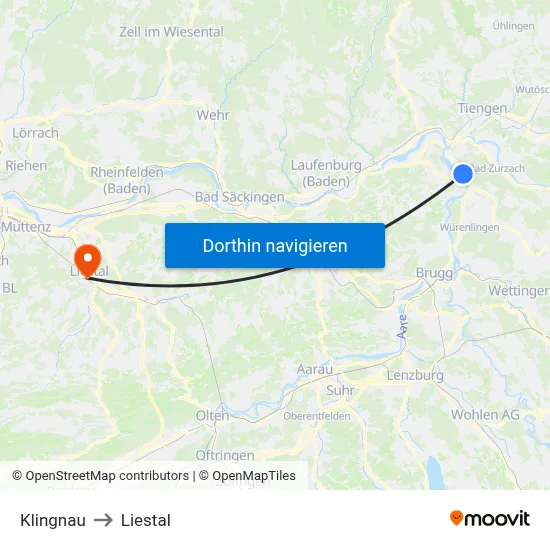 Klingnau to Liestal map