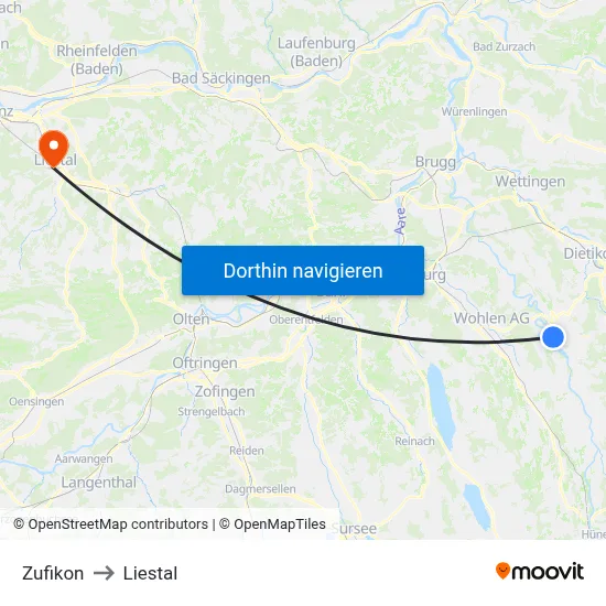 Zufikon to Liestal map