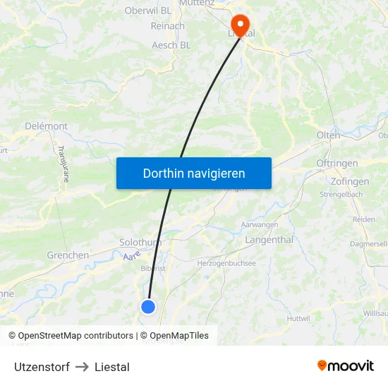Utzenstorf to Liestal map