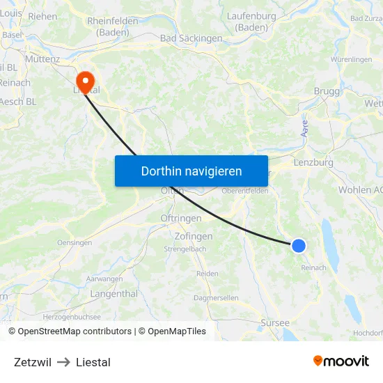 Zetzwil to Liestal map