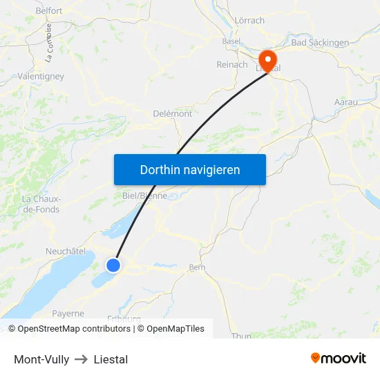 Mont-Vully to Liestal map