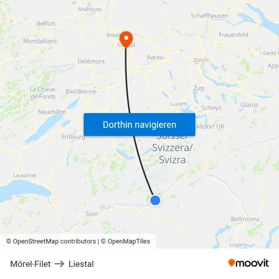 Mörel-Filet to Liestal map