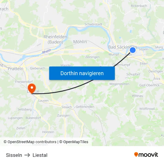 Sisseln to Liestal map