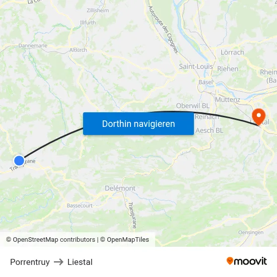 Porrentruy to Liestal map