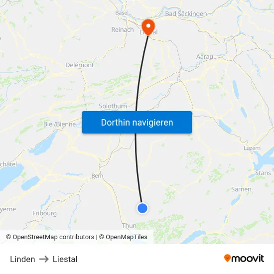 Linden to Liestal map
