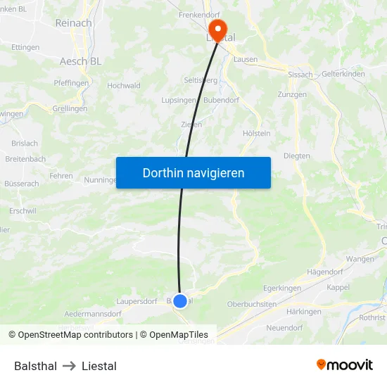Balsthal to Liestal map